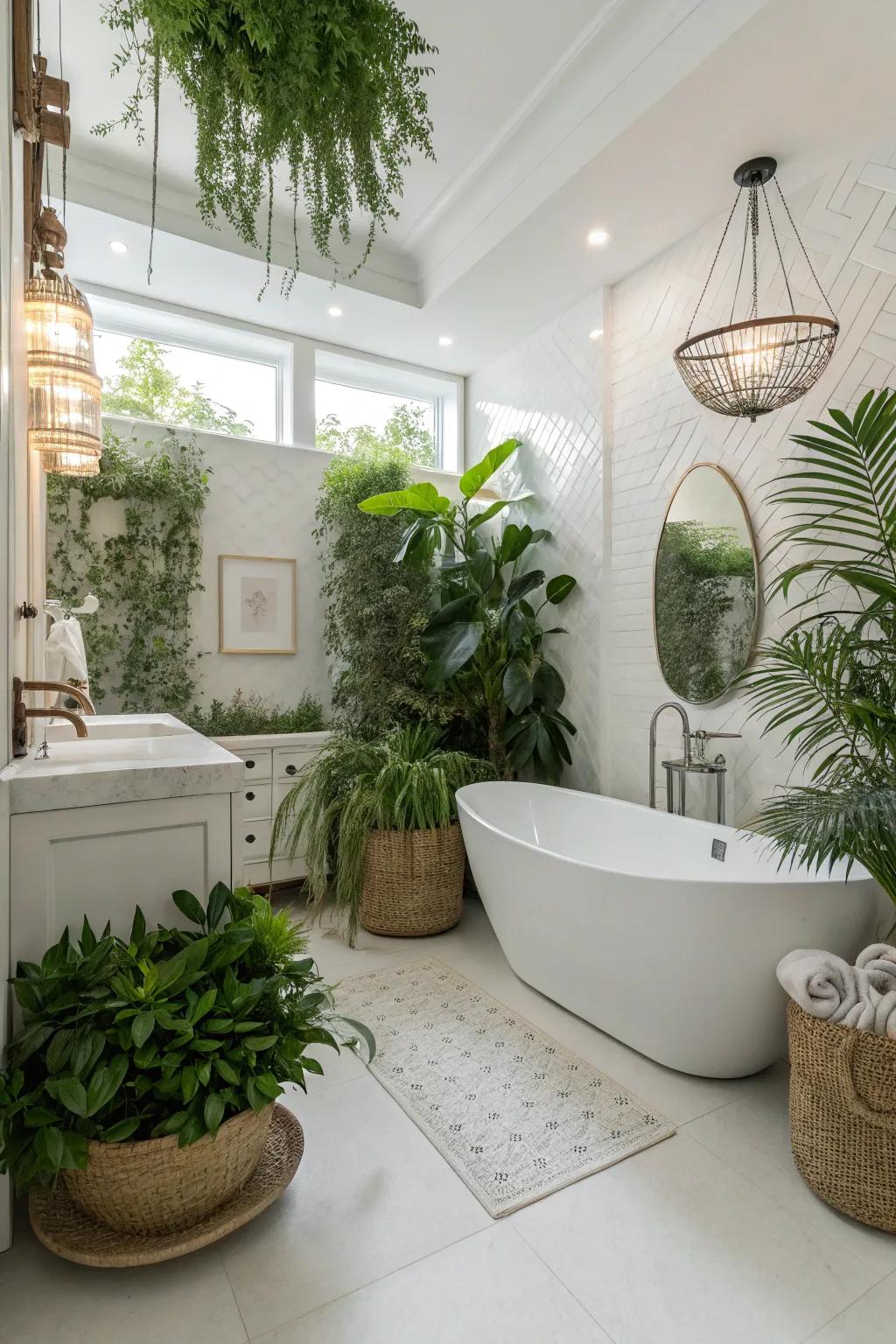 A white bathroom brought to life with lush green plants adding a refreshing touch.