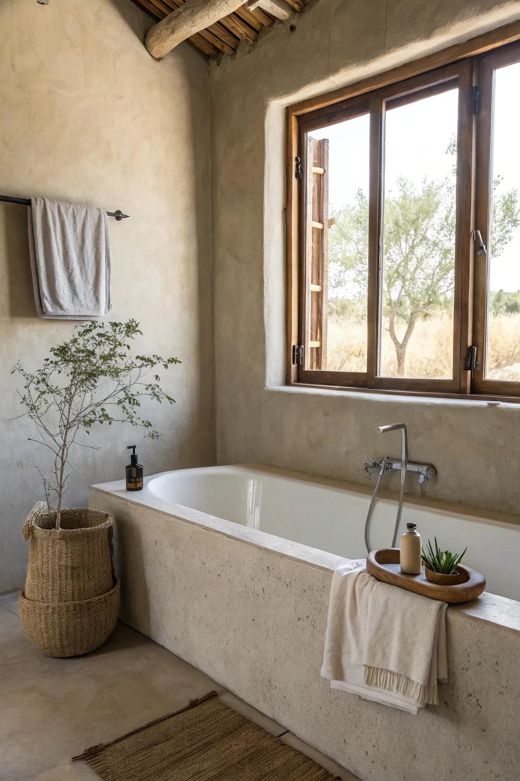 Minimalistic decor around the tub creates a calm and serene atmosphere.