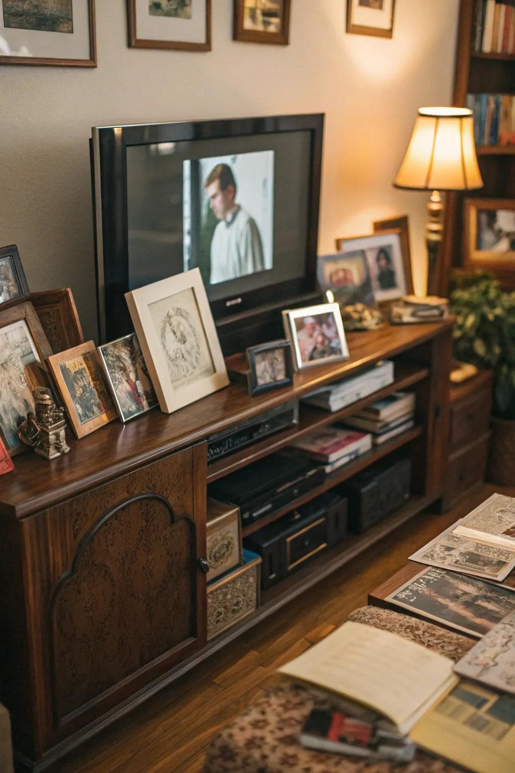 Personal touches like family photos on a TV console.