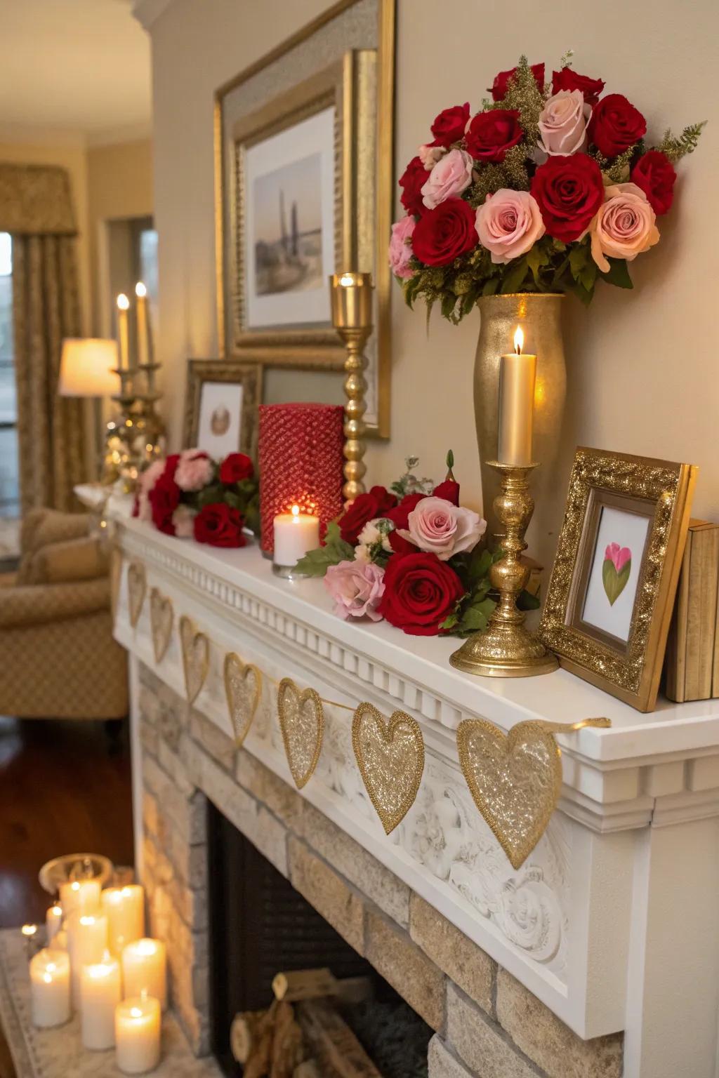 Sophisticated gold and neutral accents on the mantel.