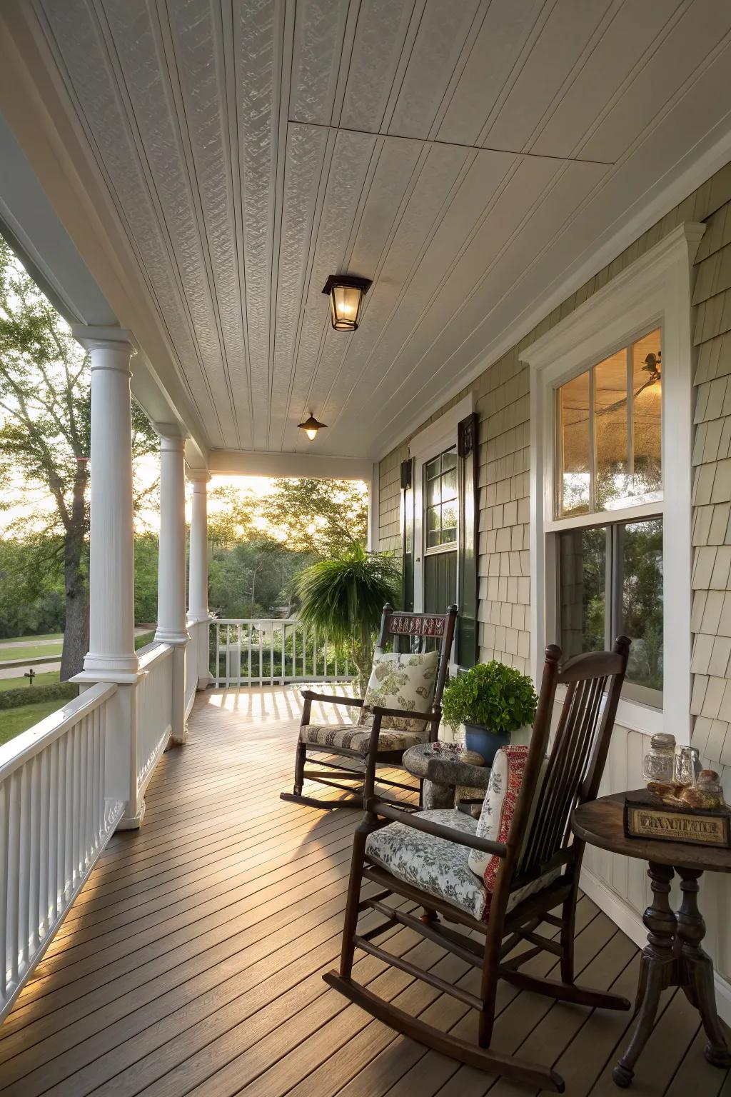 Vinyl soffit panels bring a timeless charm to porch ceilings.