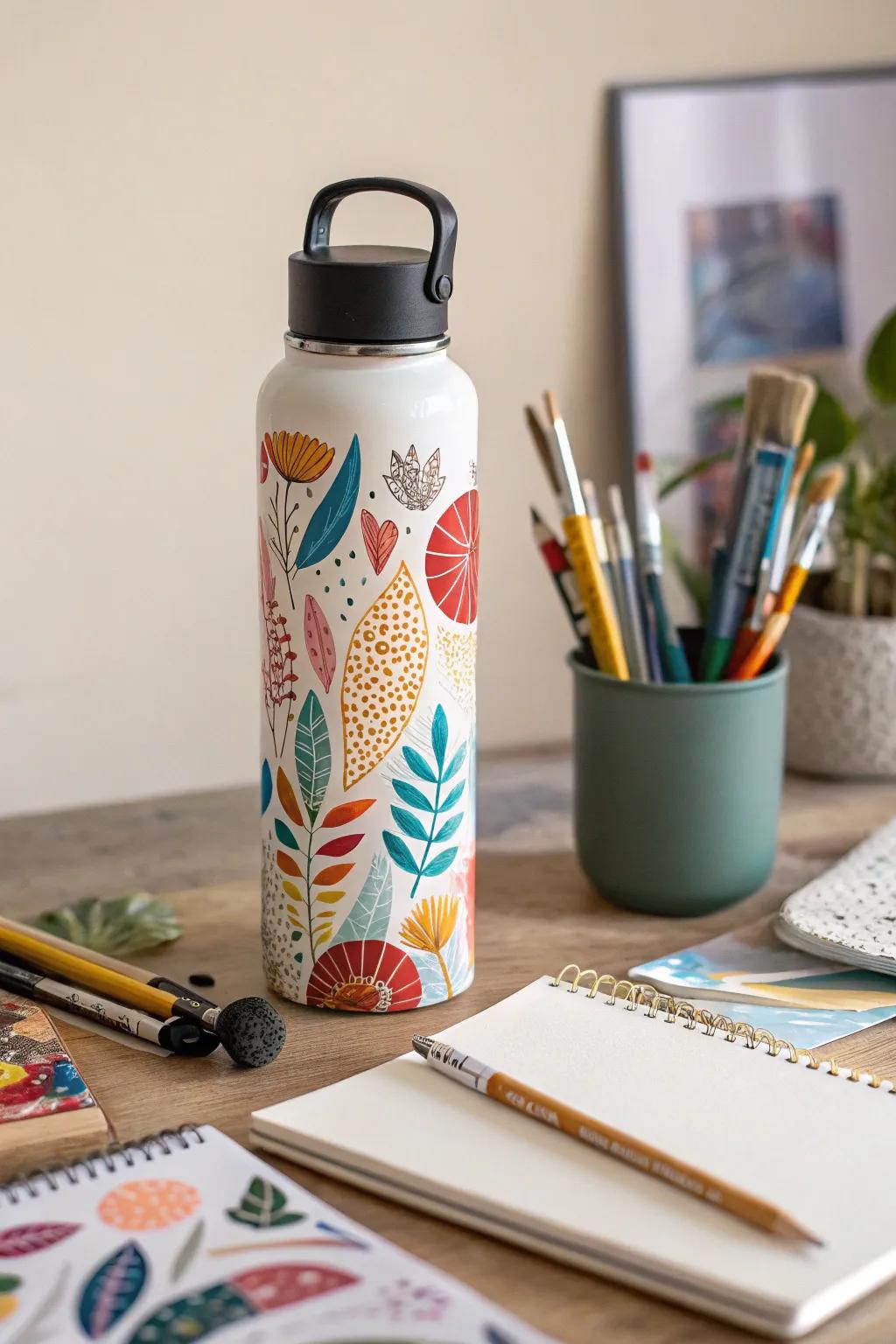 A water bottle decorated with colorful abstract decoupage.