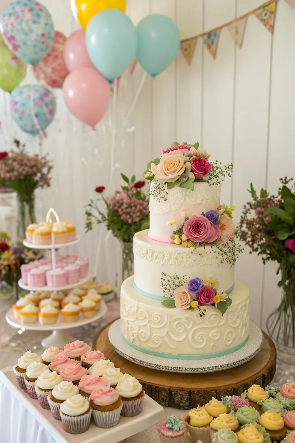 A wedding cake complemented by a variety of cupcakes.