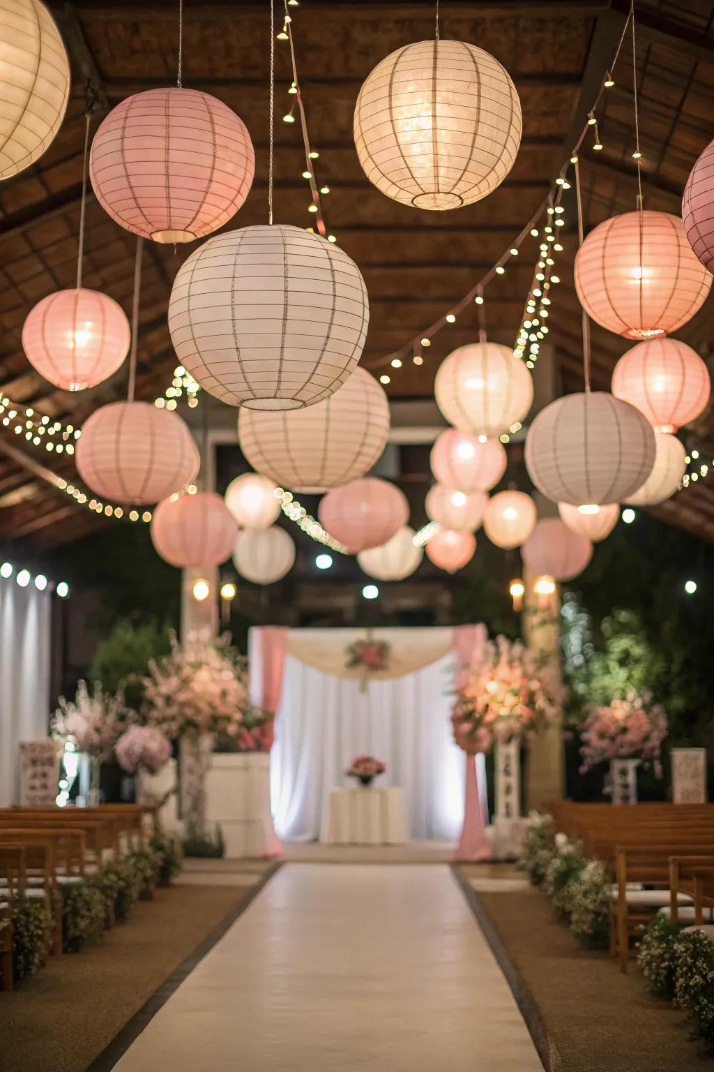 A wedding venue adorned with whimsical paper lanterns, adding a playful touch.