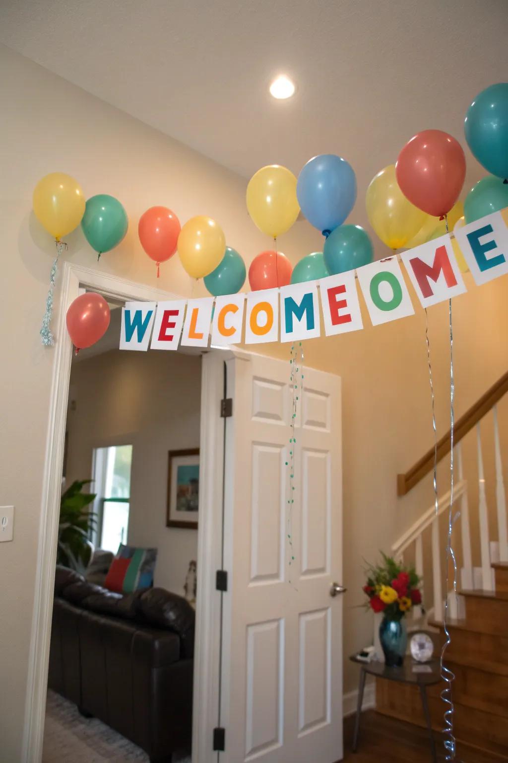 Establish a celebratory mood with a banner and inflatables.
