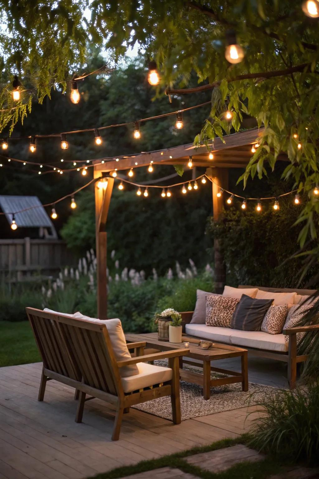 Strand lights infuse a warm, welcoming radiance to the patio.