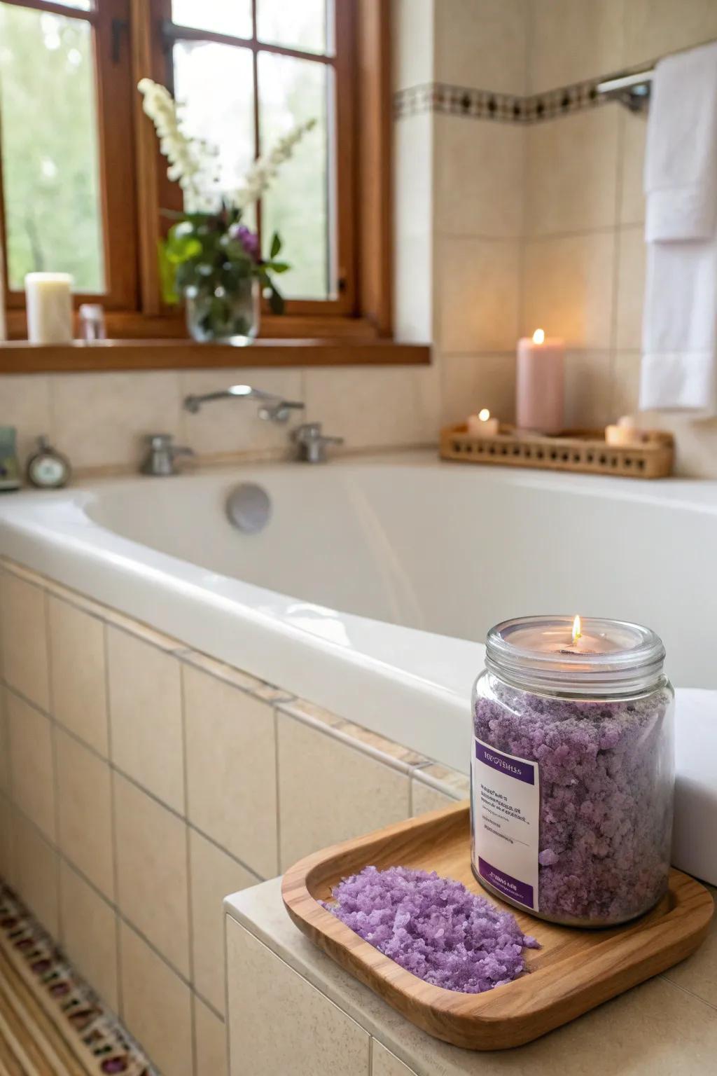 Enjoy a calming bath with homemade lavender bath salts.