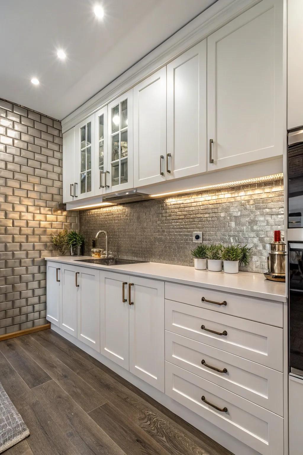 Metallic tiles providing a modern edge to white cabinets.