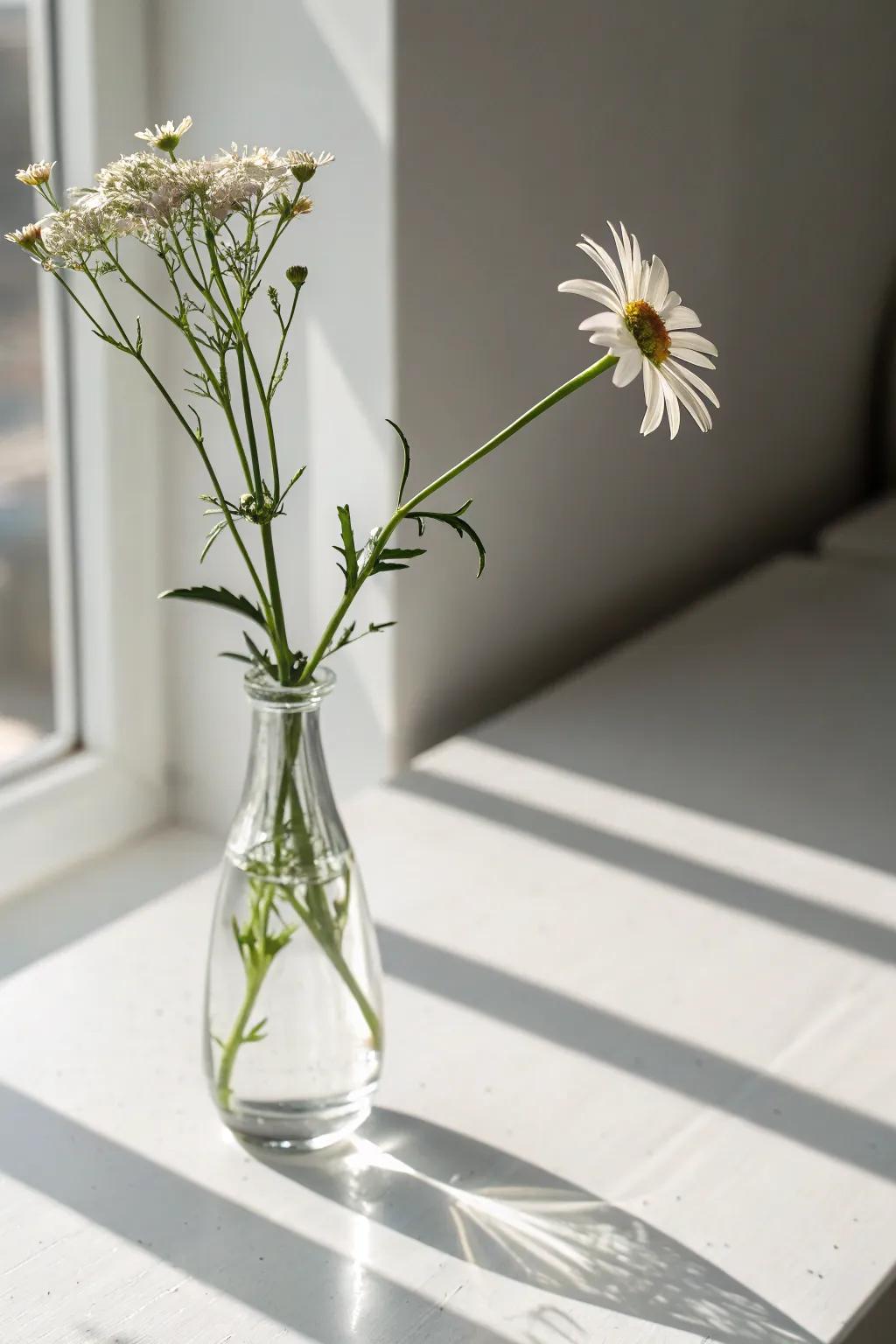 A solo wildflower stem inside a slim container creates a minimalist declaration.