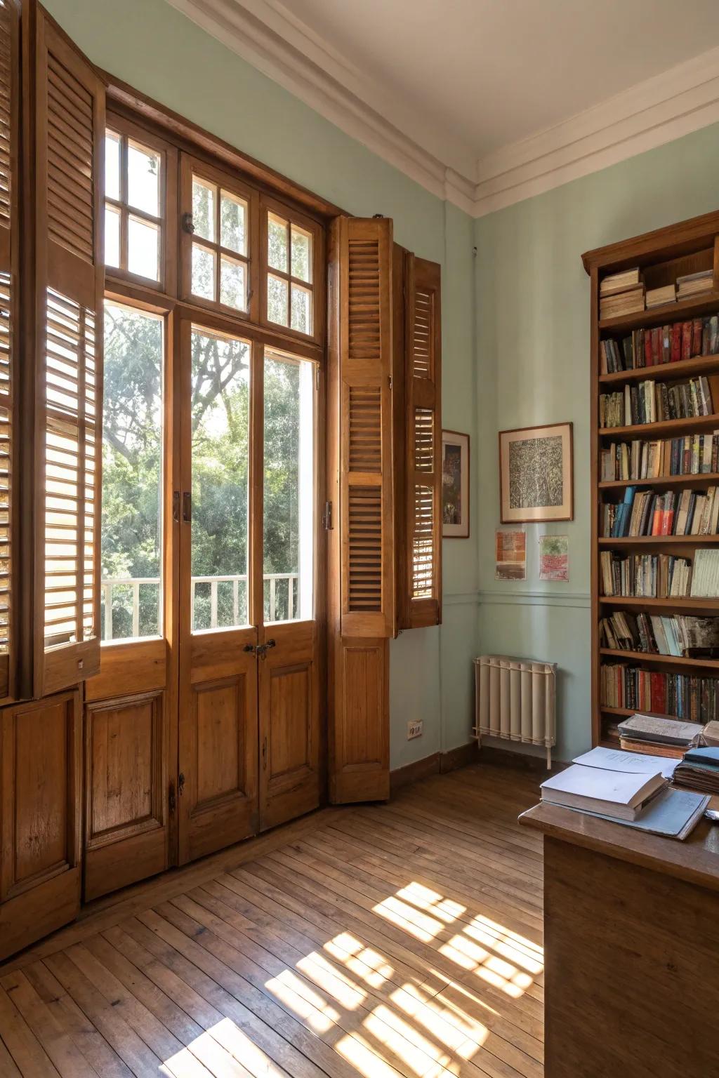 Wooden window panes add traditional charm to this study space.