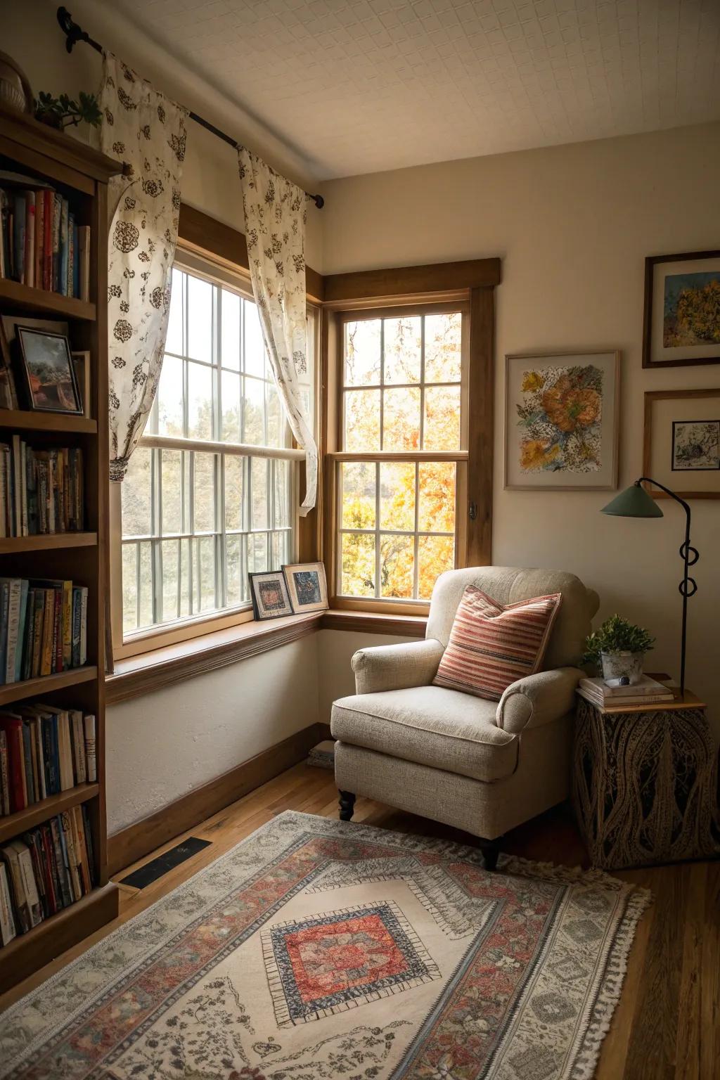 A personalized window nook with artwork and a rug.