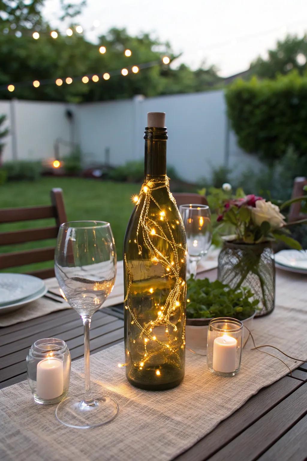 Sparkling lights in a grape juice bottle create a magical ambiance.