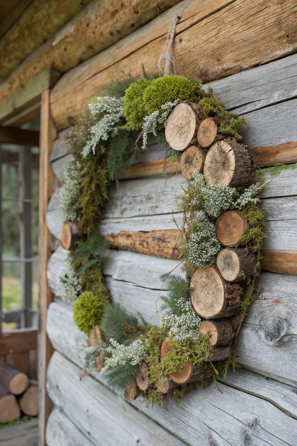 Nature-inspired wreath with moss for a forest feel.