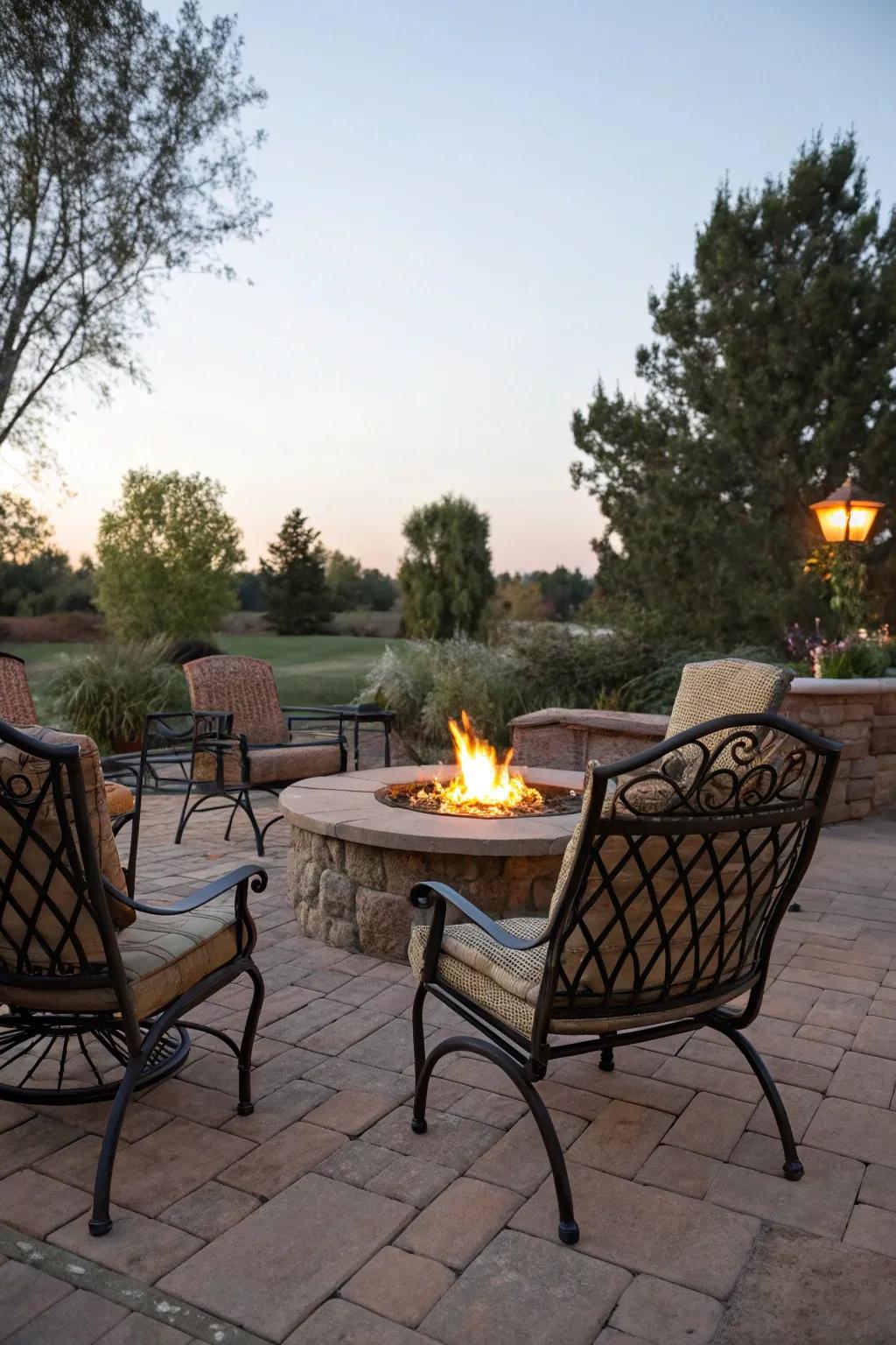 A fire pit surrounded by cast metal seats welcomes comfortable gatherings.
