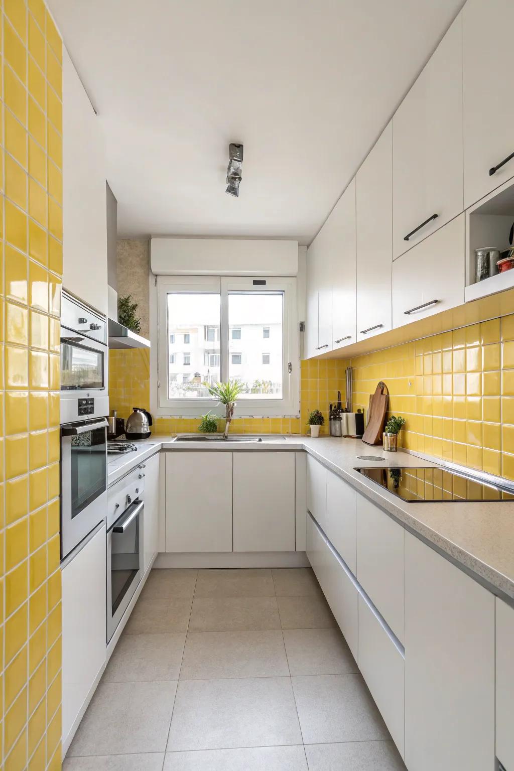 A minimalist yellow backsplash adds subtle color to this kitchen.