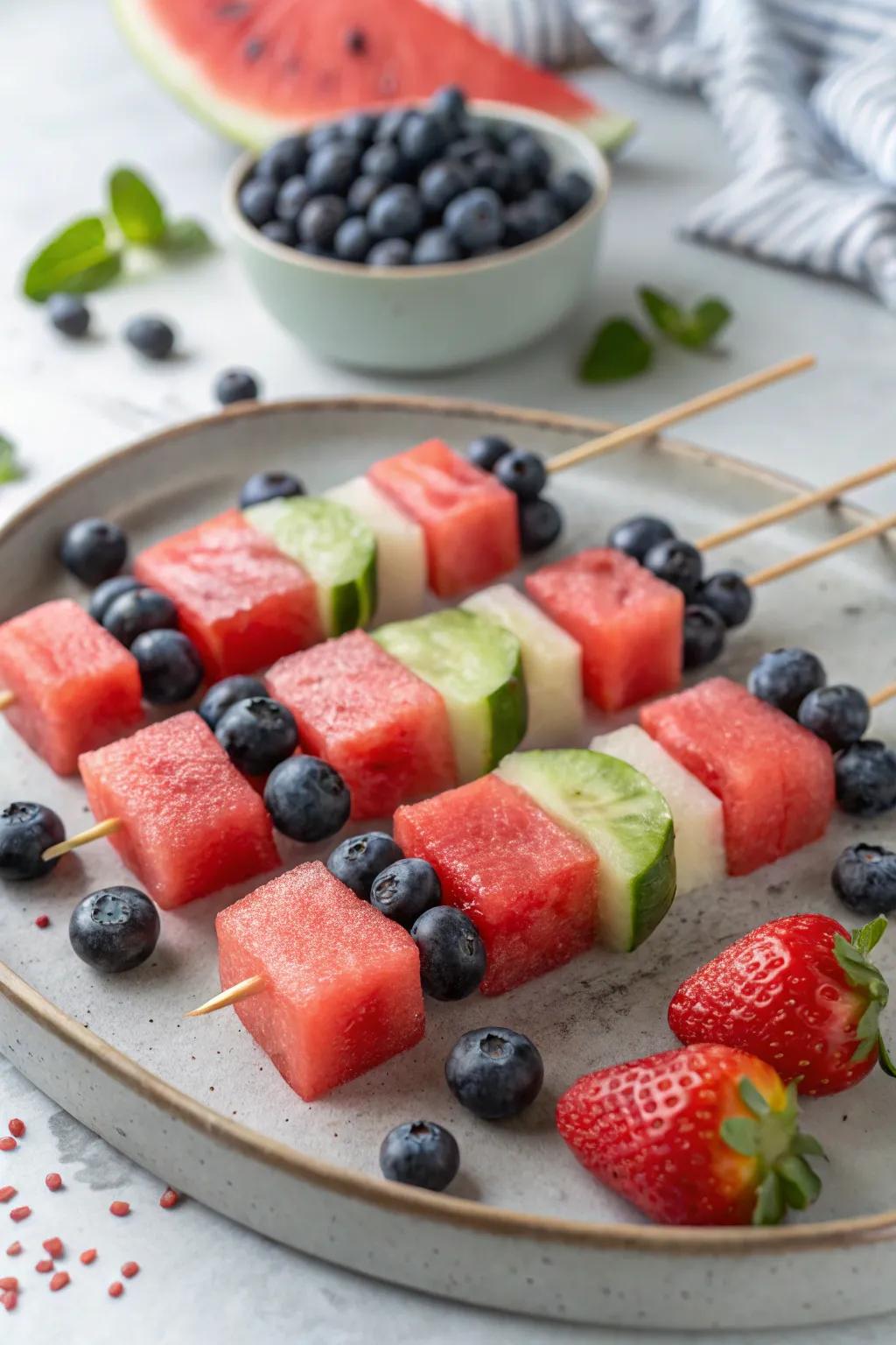 Cool off with refreshing fruit skewers in red, white, and blue.