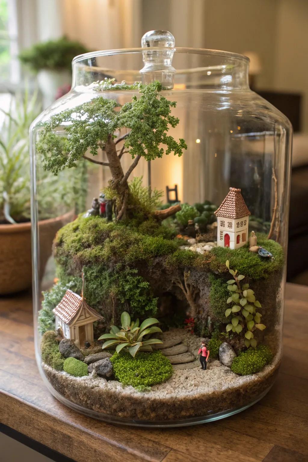 A storybook miniature world terrarium with charming details.