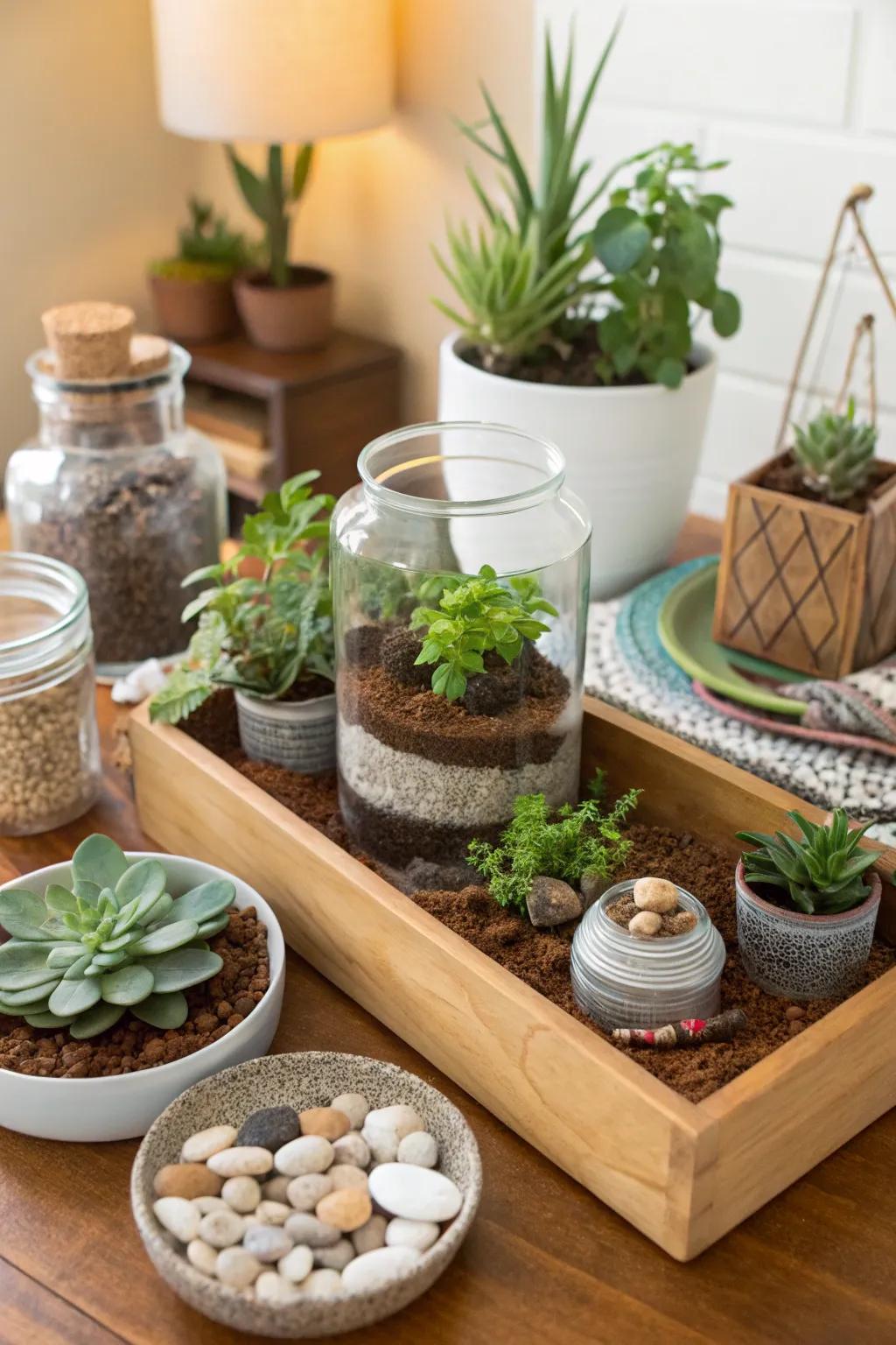 Guests create mini gardens at the DIY terrarium station.