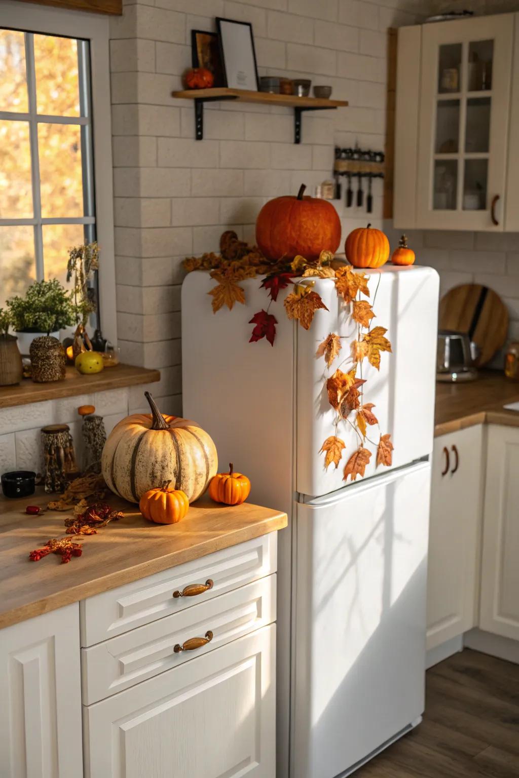 Reflect the seasons with creative decor above your fridge.