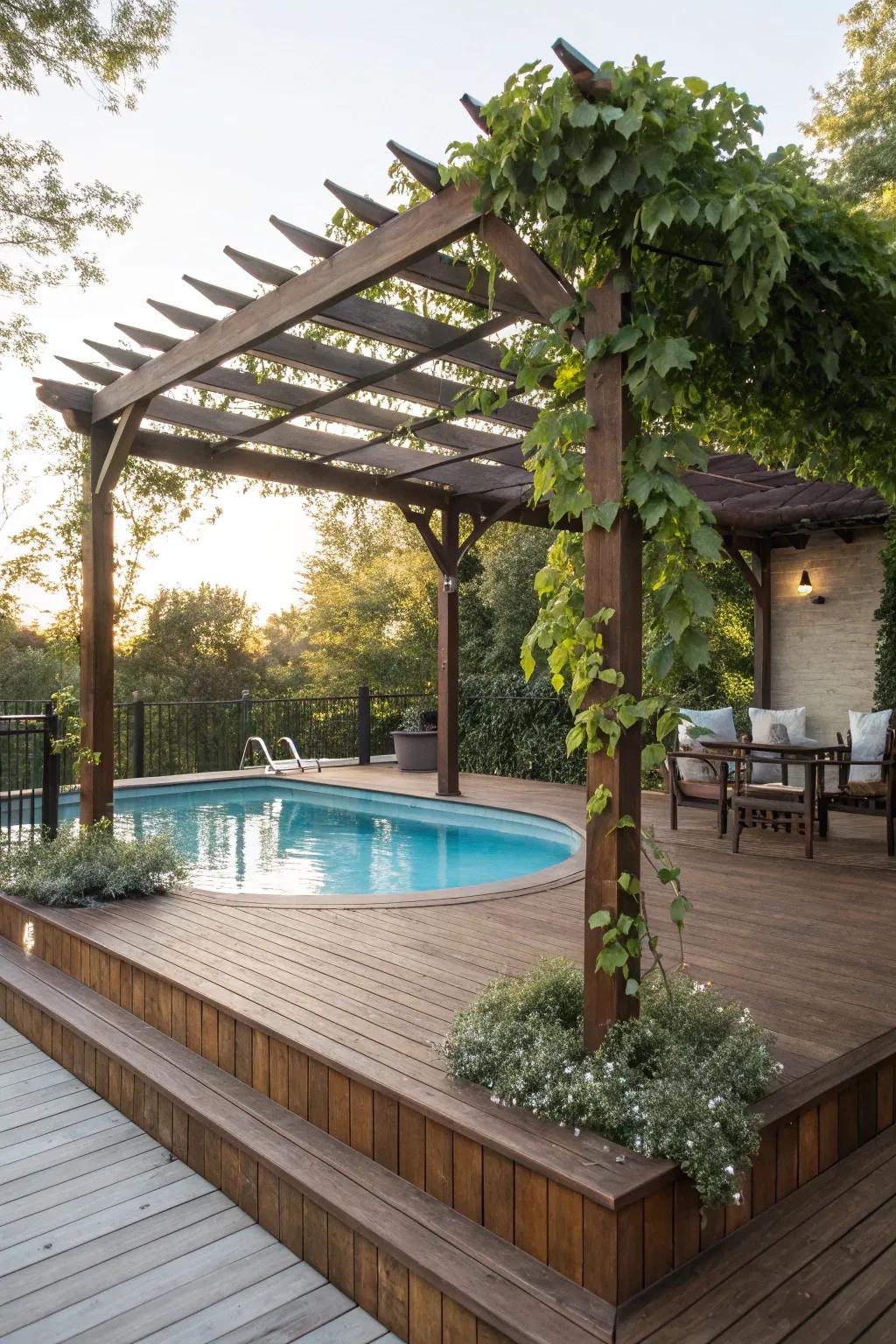 A pergola offers stylish shade for sun-drenched days.