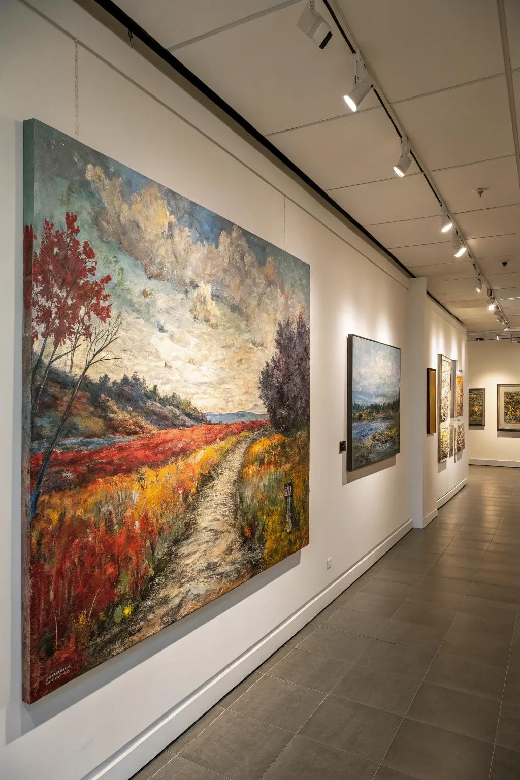 Textured landscape painting adding depth and interest to a gallery wall