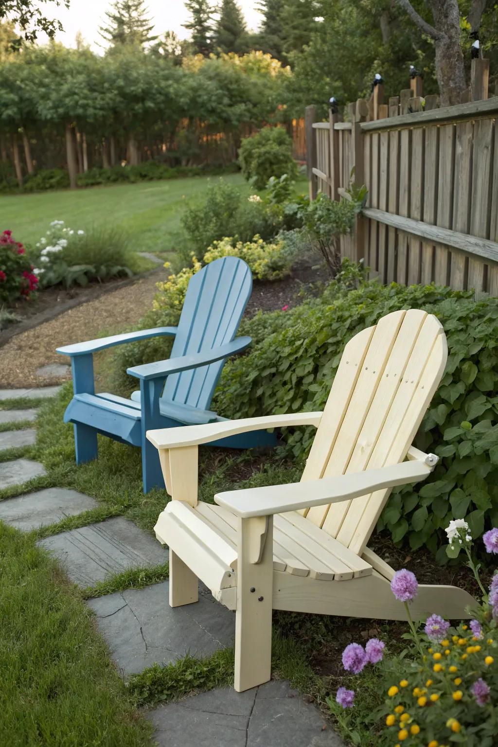 Two-tone Adirondack chairs for a chic style.