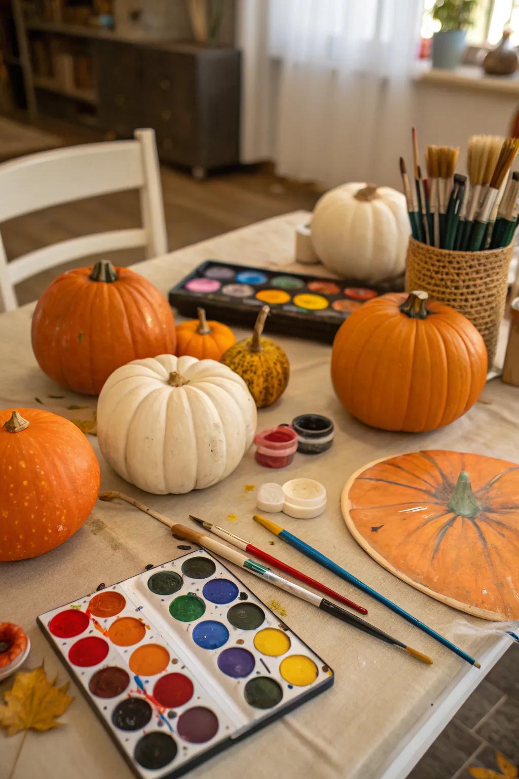 A table set for an artistic pumpkin painting session.