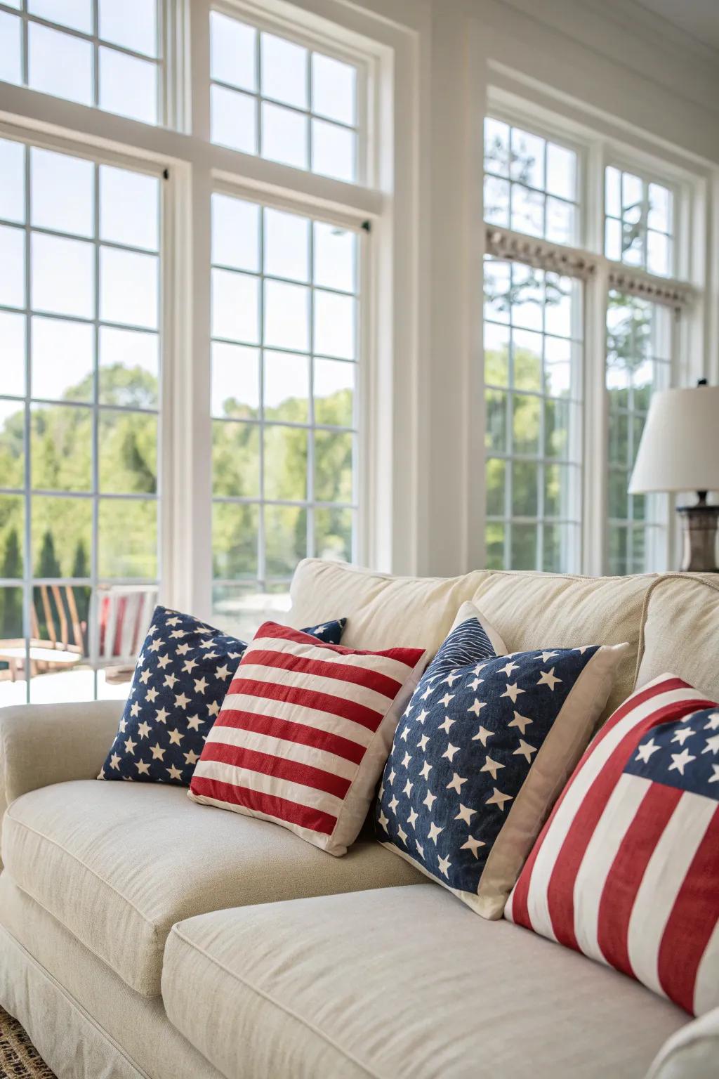 Flag-inspired pillows add a pop of patriotism to this living area.