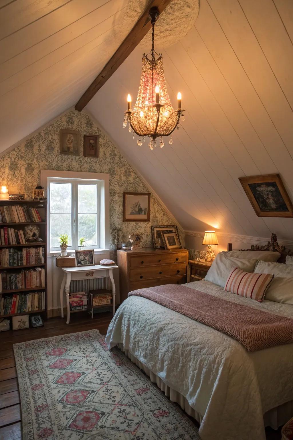Warm lighting casts a cozy and welcoming tone in your attic bedroom.