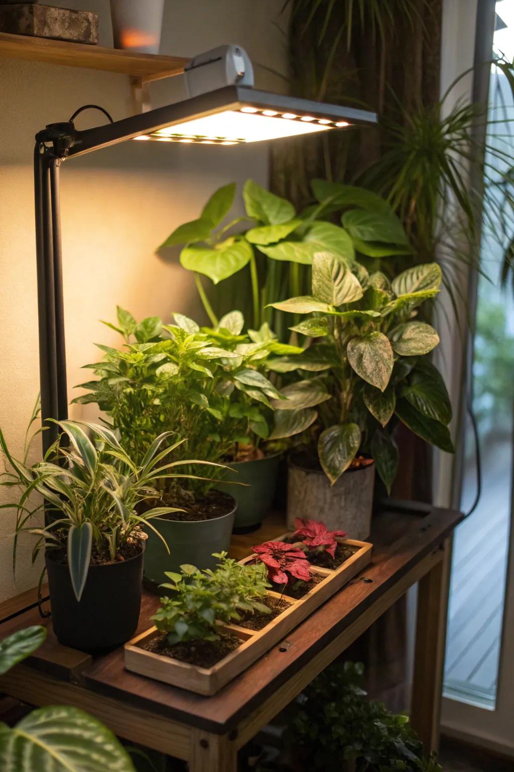 A cozy corner plant nook brought to life by a focused grow light.