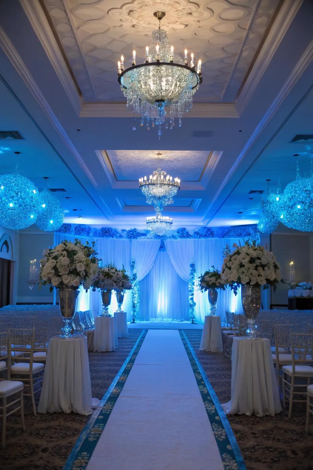 Baby blue lighting transforms your venue into a dreamy setting.