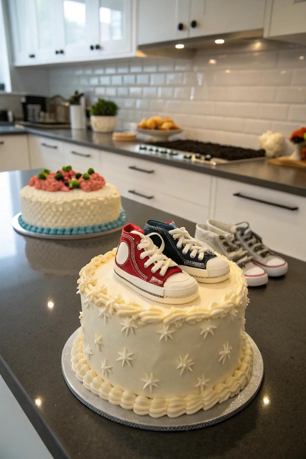 Sporty fondant sneakers add a unique touch.