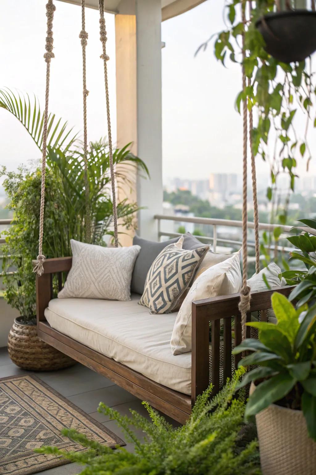 A reclining swing bed provides the perfect relaxation spot.