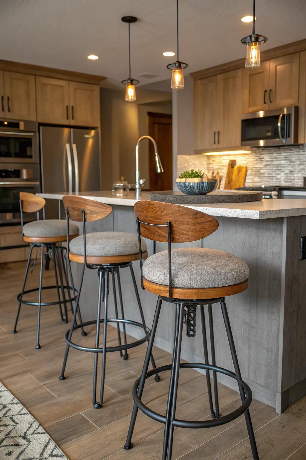 Bar stools with mixed materials for an eclectic touch.