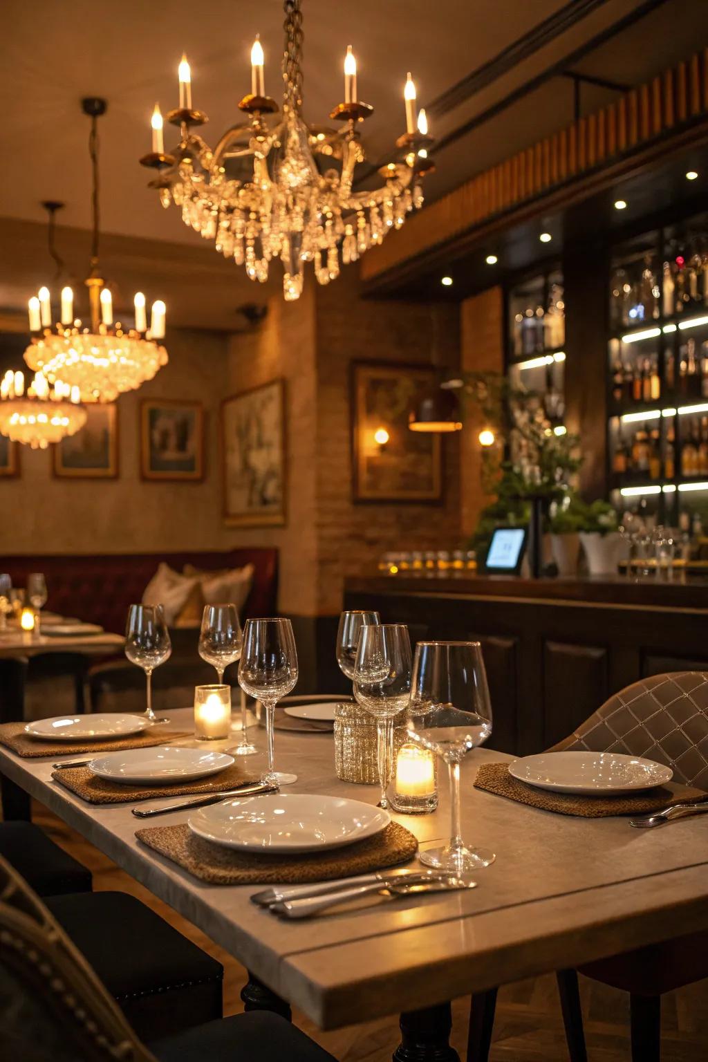 Cozy ambiance with warm lighting above the bar table.