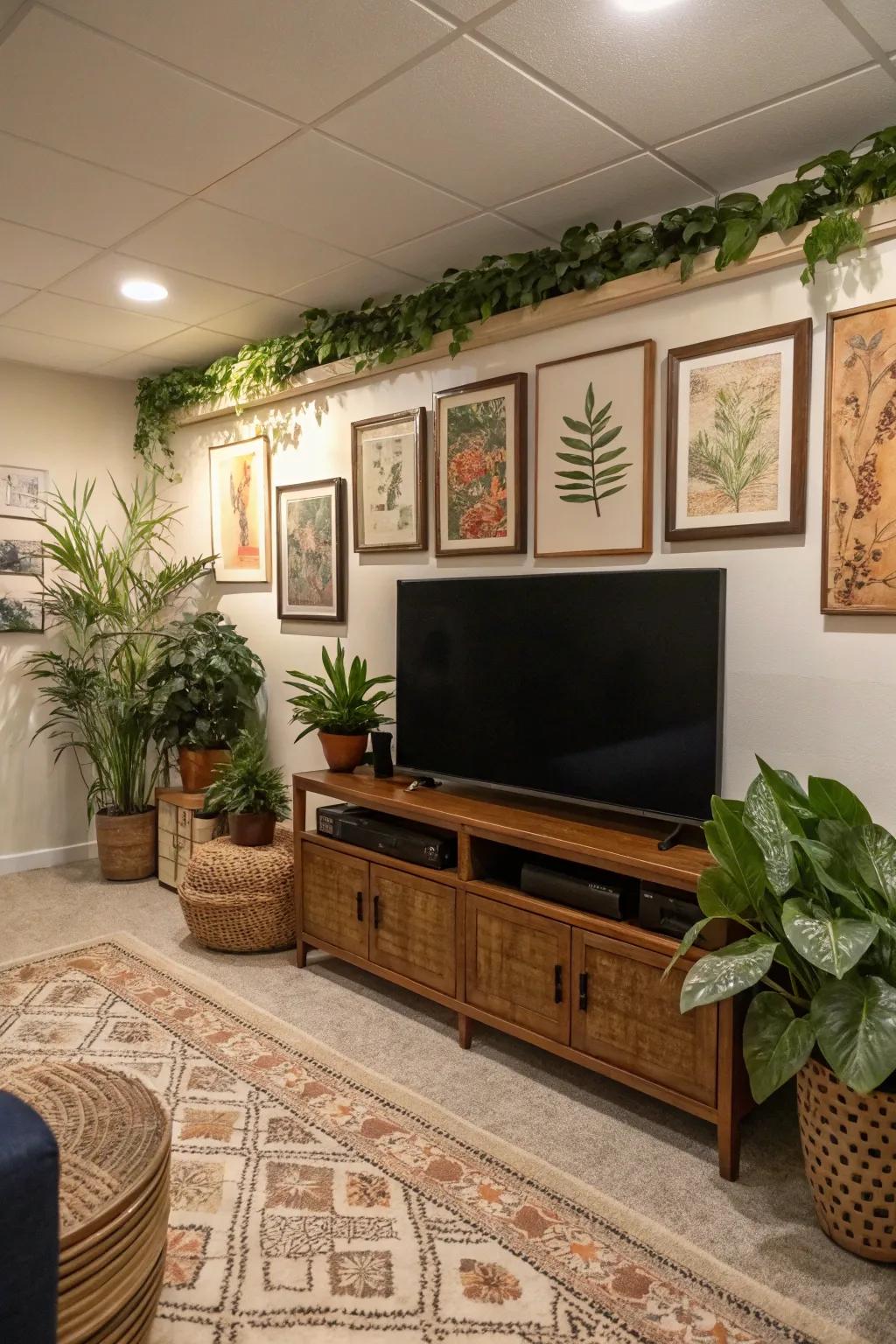 A basement TV wall personalized with decorative artwork and greenery for a touch of style.