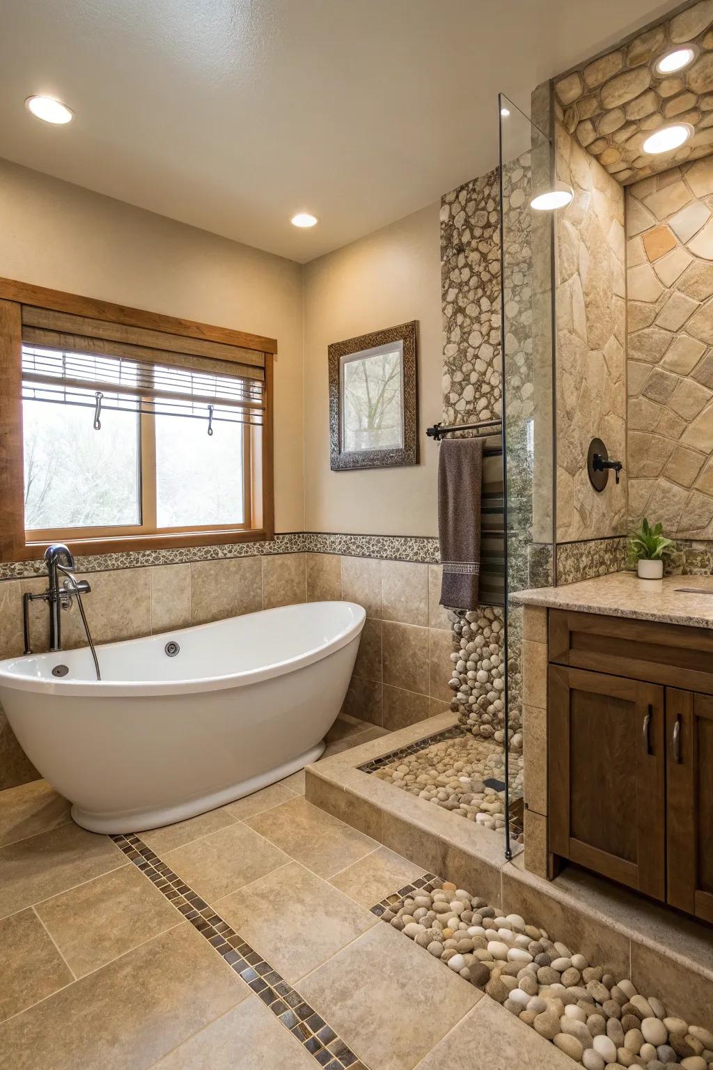 Natural stone trims bring a calming, earthy feel to the bathroom.