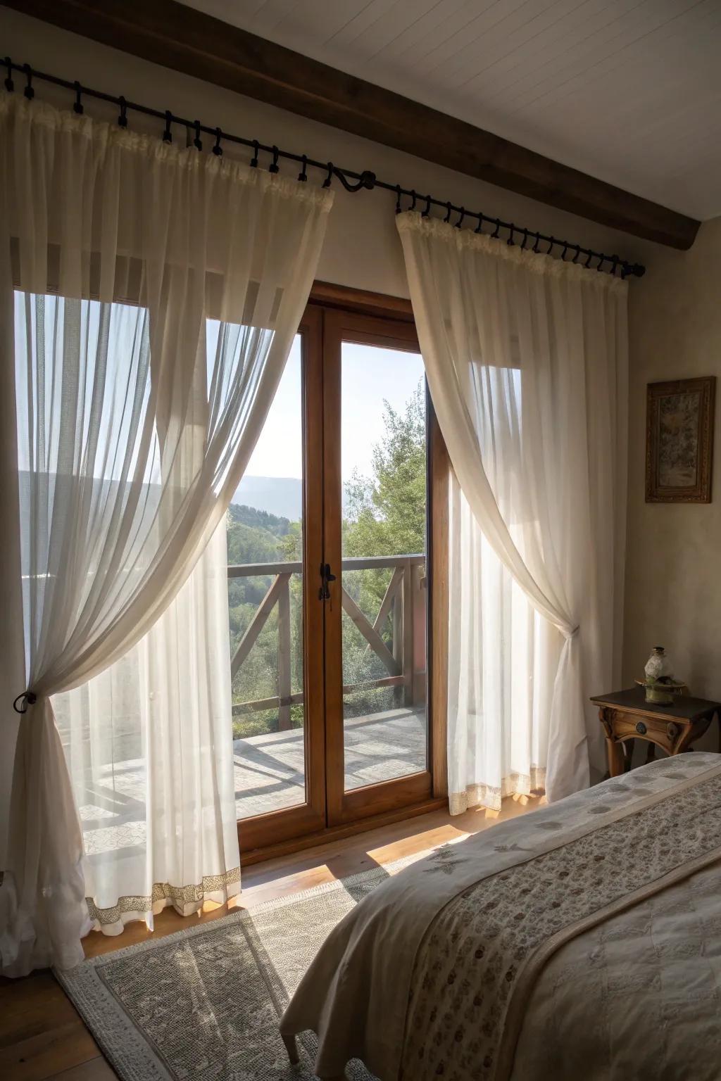 Layered drapes and sheer fabrics create a soft and welcoming atmosphere.