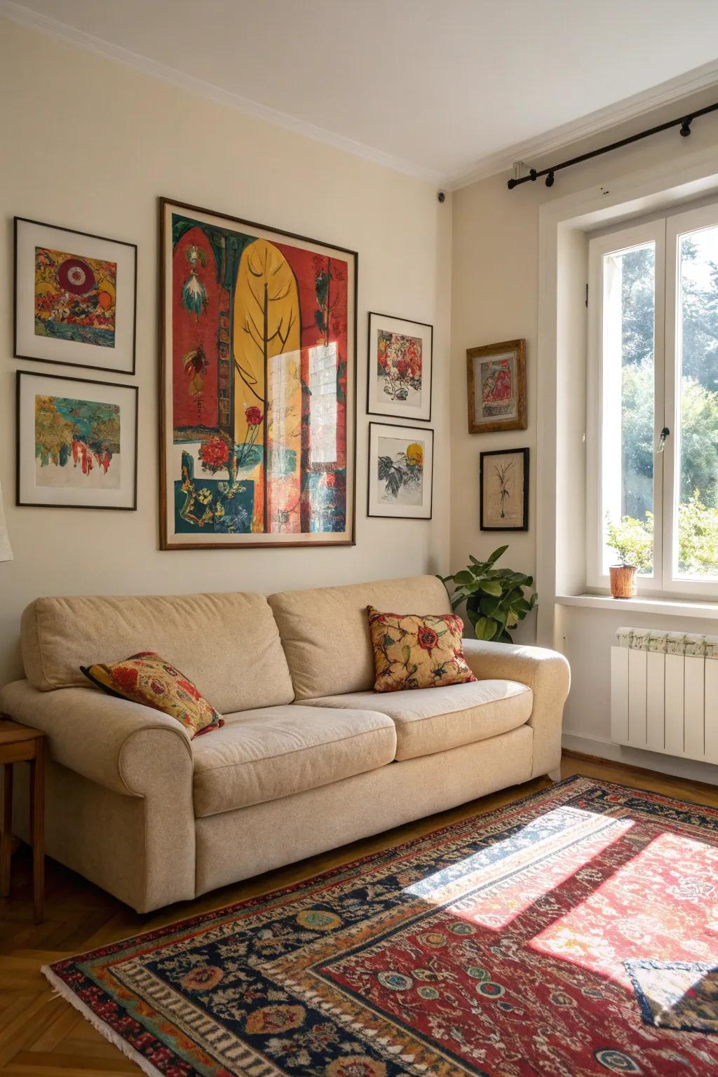 Vibrant artwork transforms a beige couch living room into a lively space.