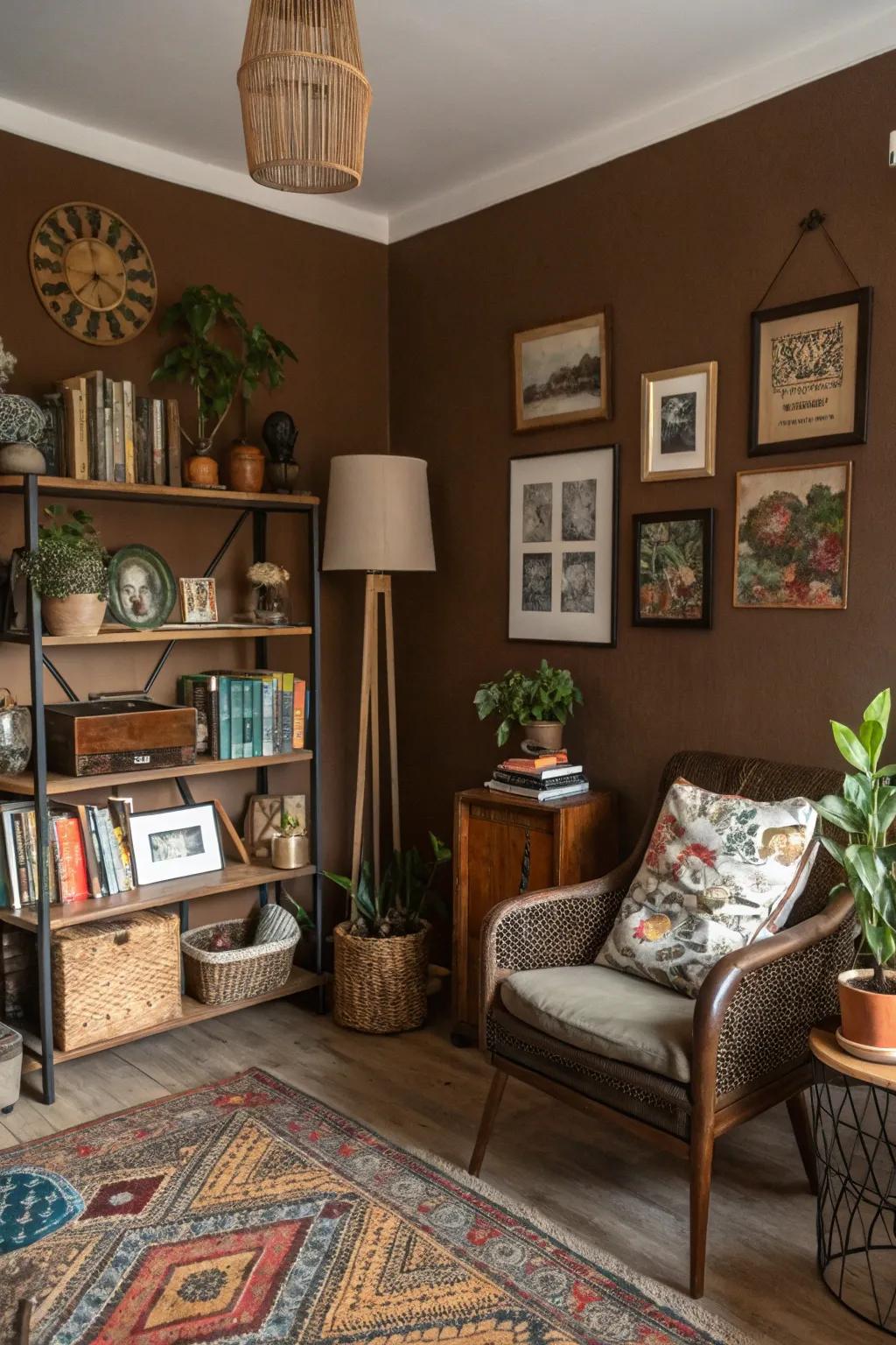 A personal impression with brown walls that spotlight unique décor.