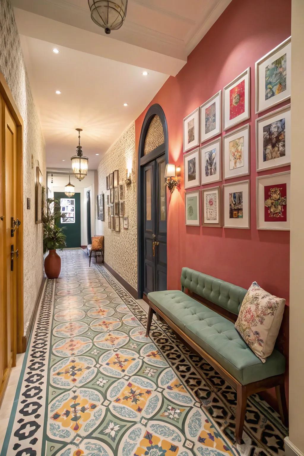 Expressive patterned tiles in a lively hallway