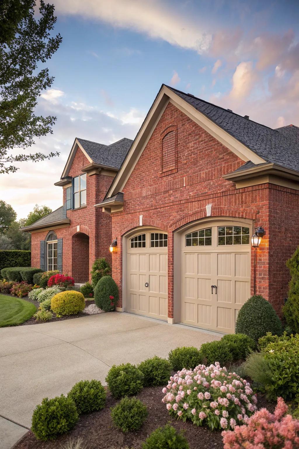 Taupe garage doors offer subtle elegance to red brick homes.