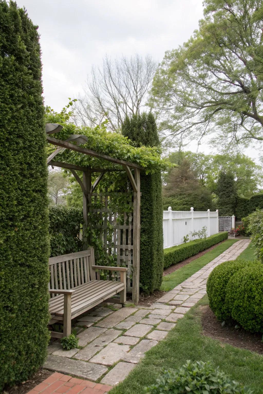 Privacy elements like hedges and pergolas create a secluded retreat.