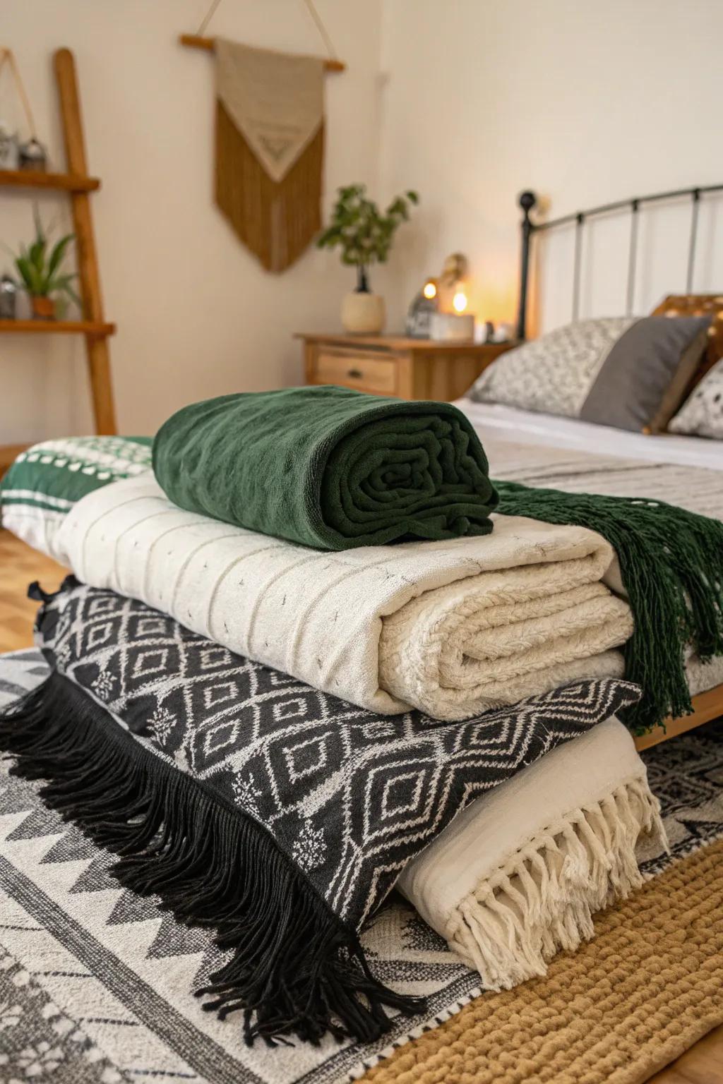 Layered textiles adding depth and warmth to the bedroom.