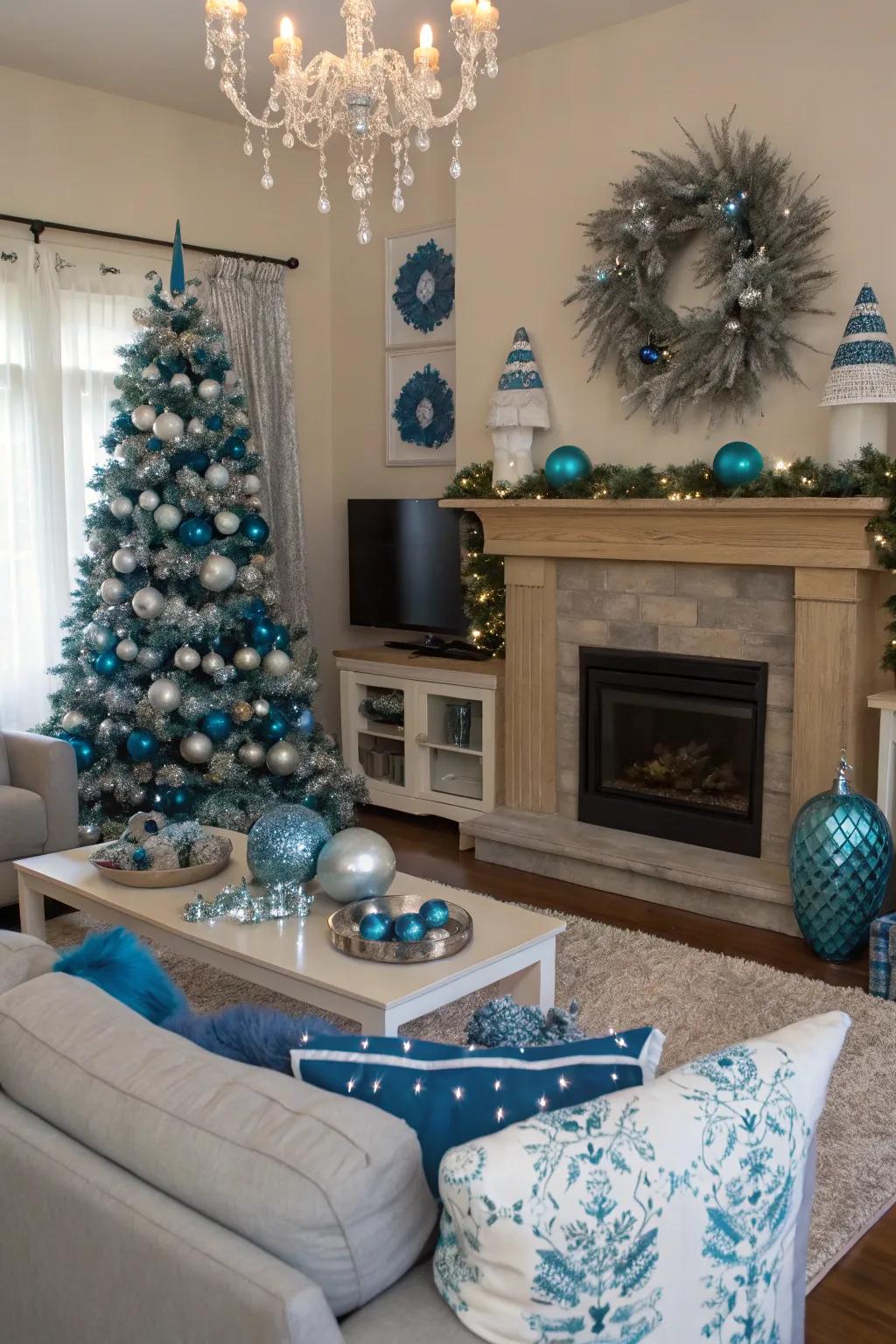 Seasonal decor in blue and silver adds a festive touch to this elegant living room.