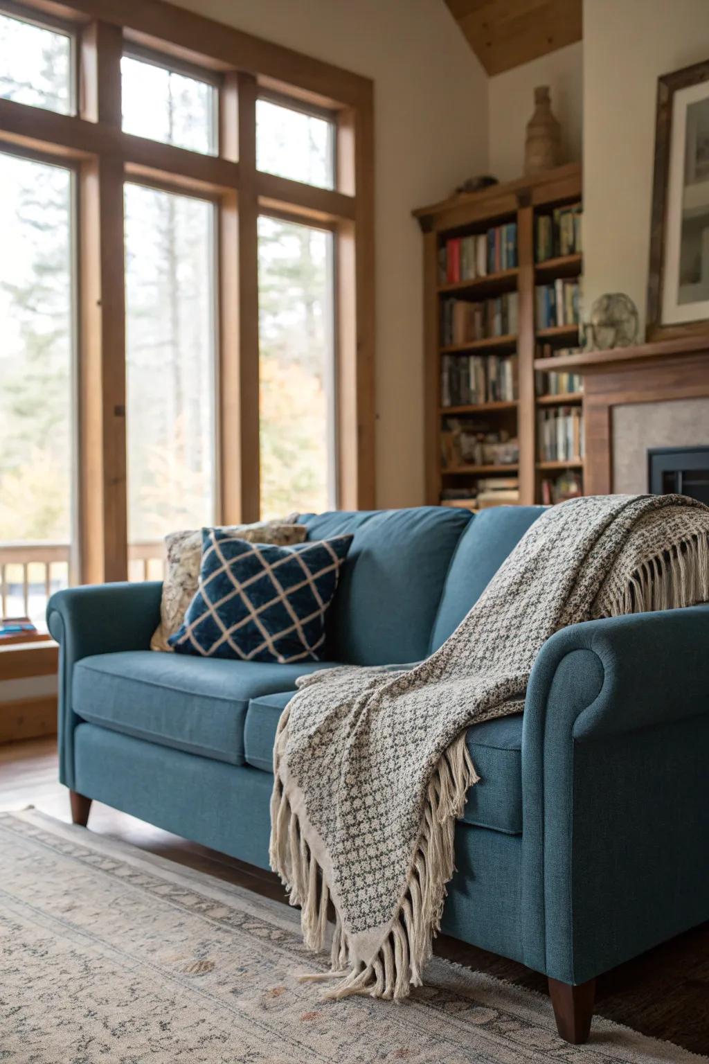 Textured throws add warmth to a blue sofa setting.