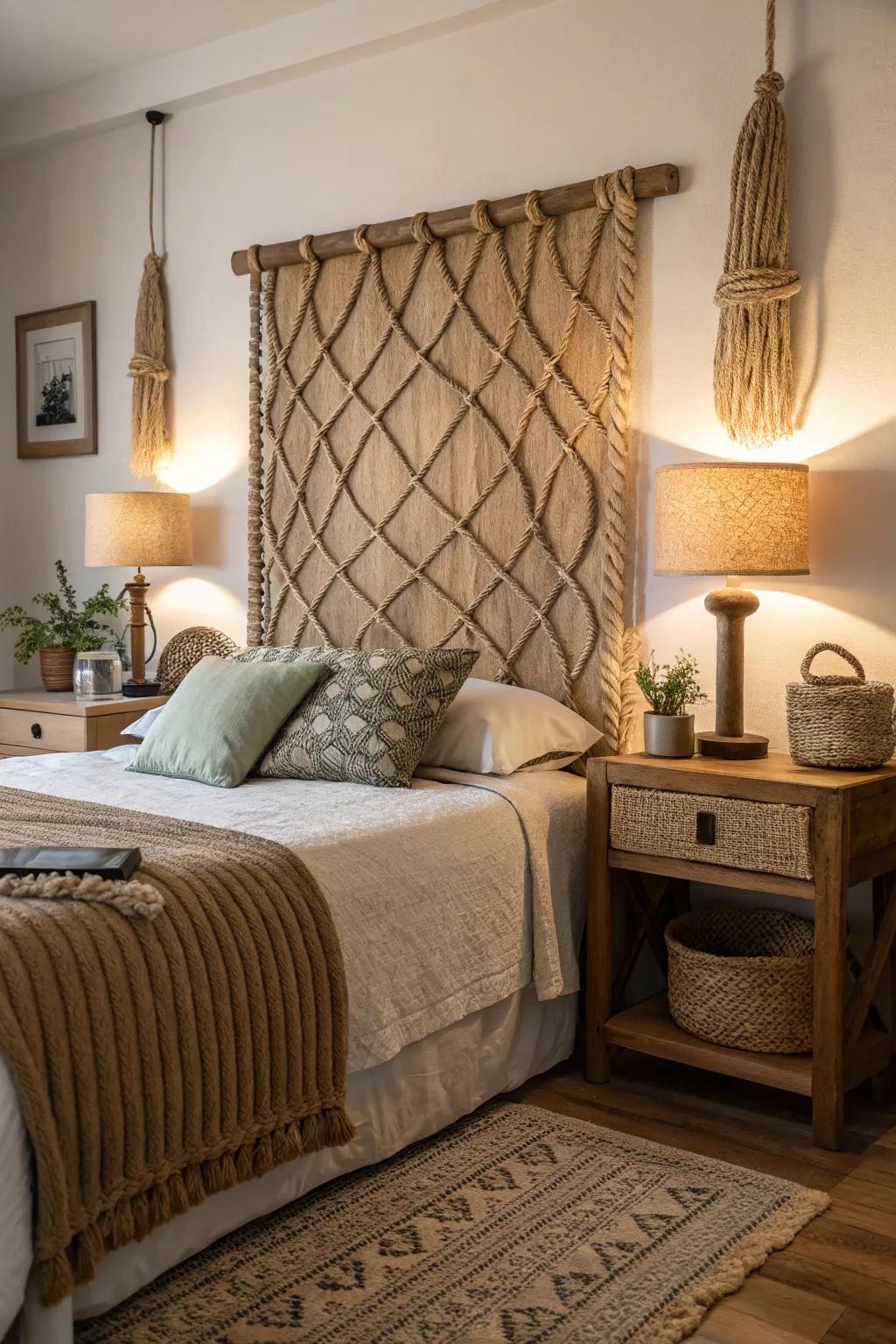 Rope accents give this headboard a distinct bohemian touch.