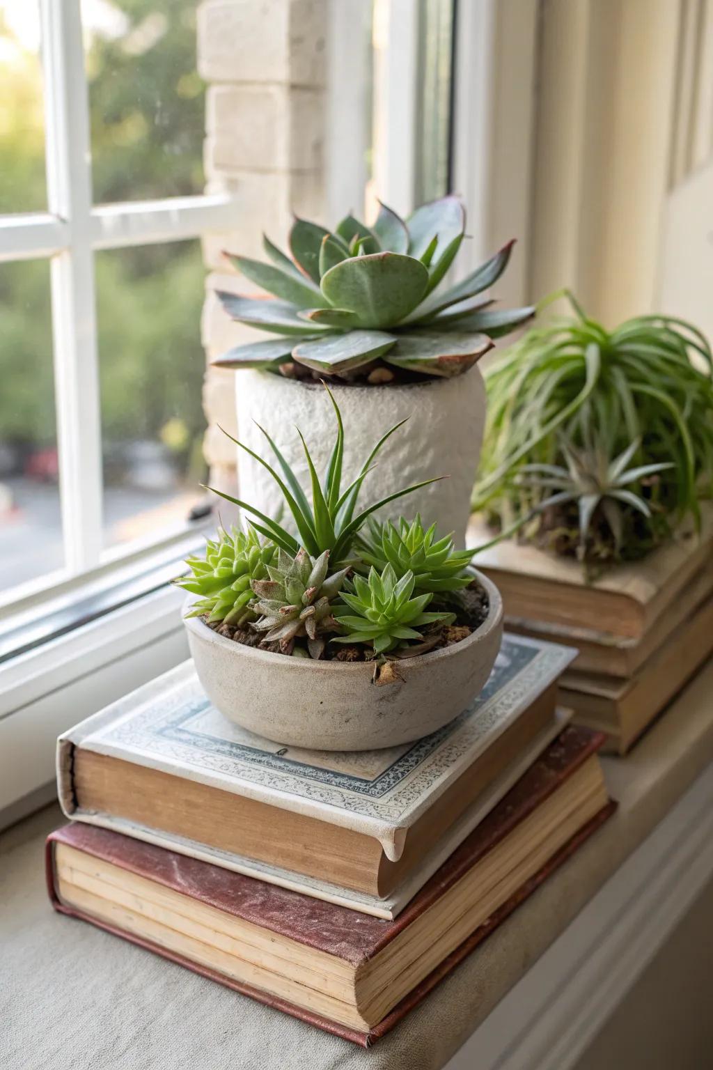 A miniature garden centerpiece brings life to a stack of books.