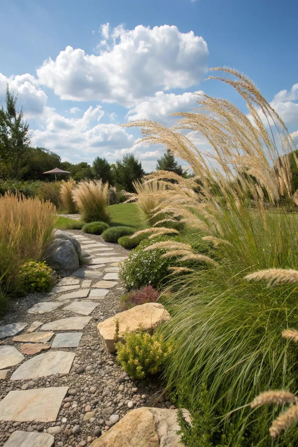 Stone elements provide natural contrast to ornamental grasses.