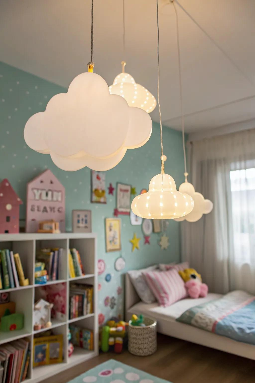 Whimsical lighting like cloud-shaped lamps adds magic to the space.